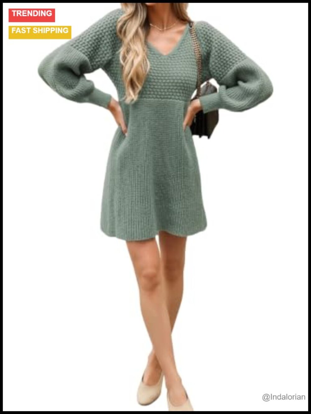 V Neck Honeycomb Long Sleeve Textured Knit Sweater Dress
